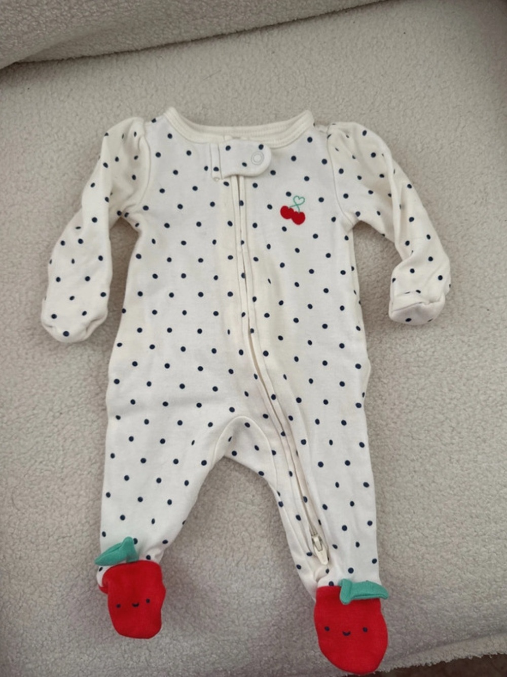 Carter's Cream Polka Dot Footed One-Piece with Cherry Accents